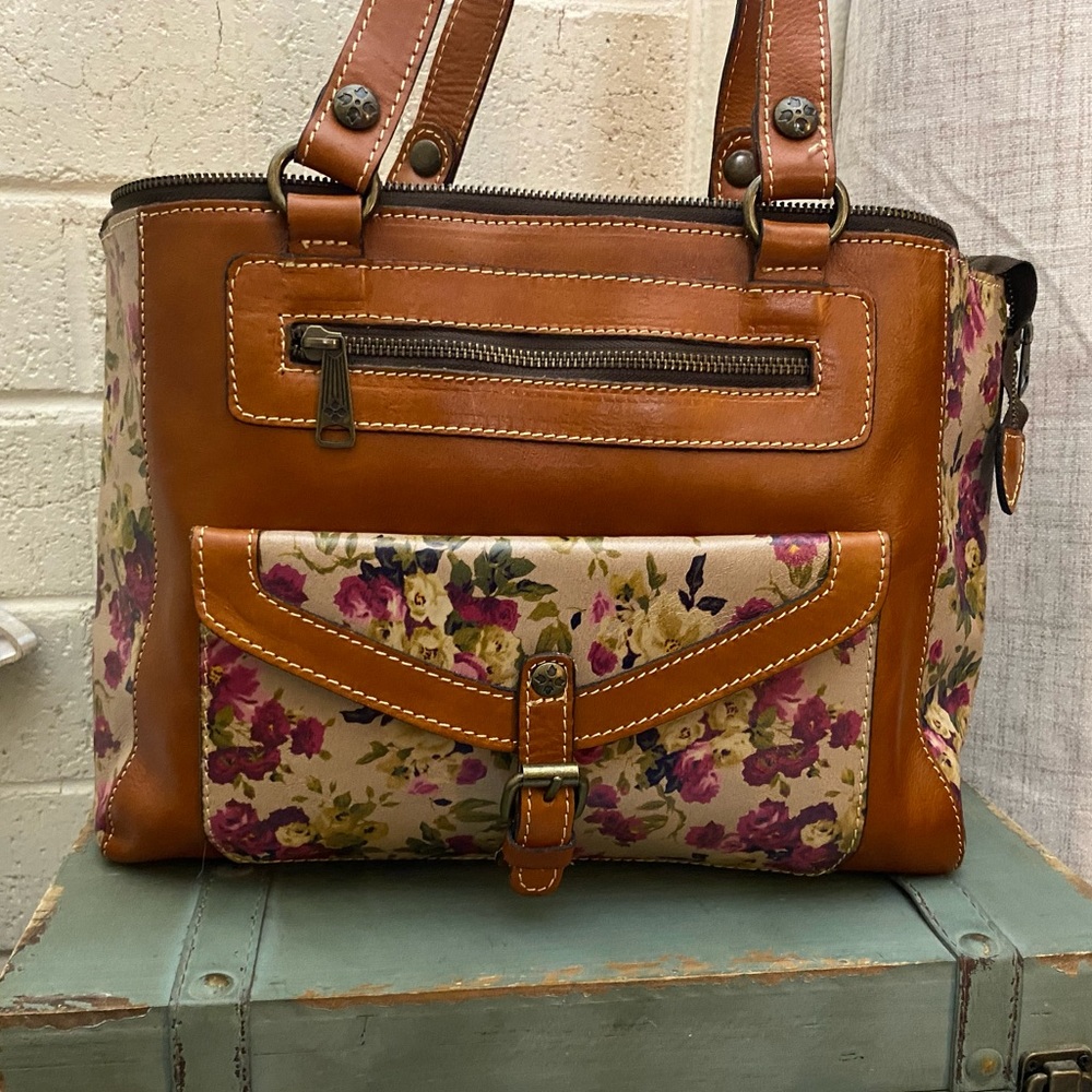 PATRICIA NASH ANTIQUE ROSE FLORAL AND BROWN LEATHER BAG EUC